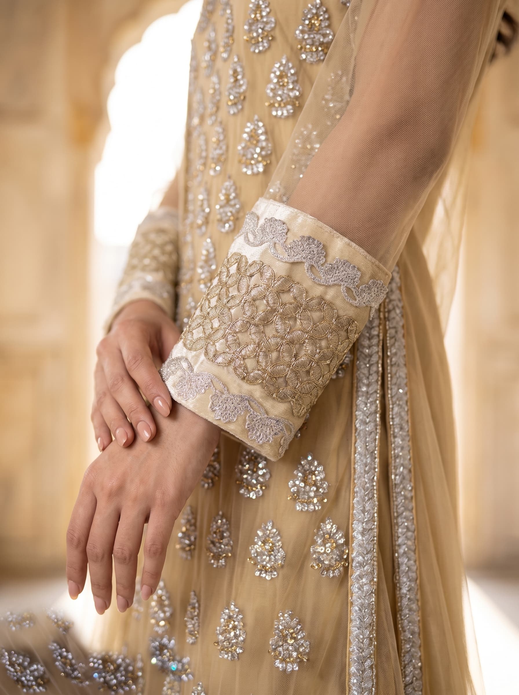 NOOR | Champagne Gold Embellished Net Frock with Dupatta