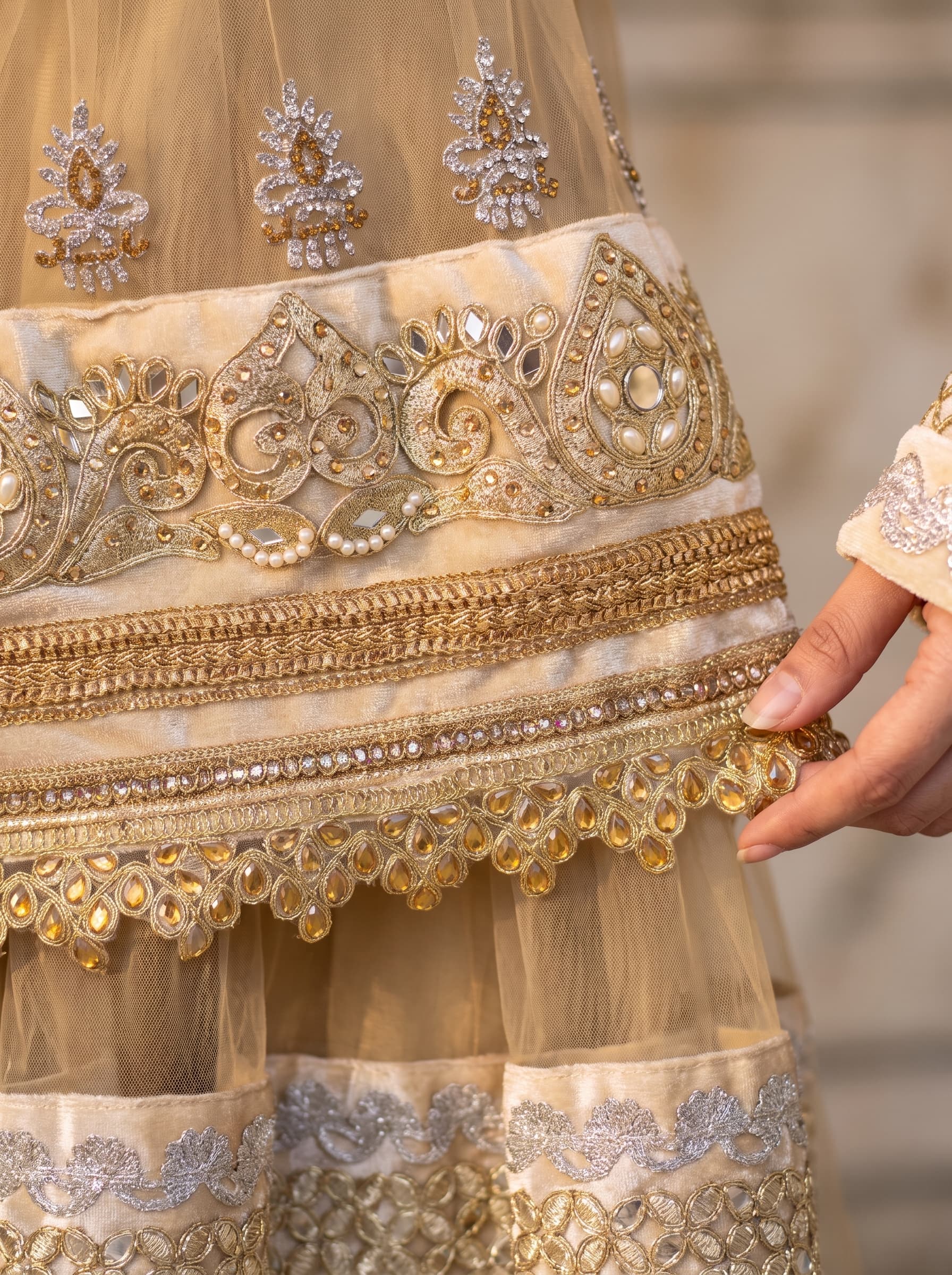 NOOR | Champagne Gold Embellished Net Frock with Dupatta