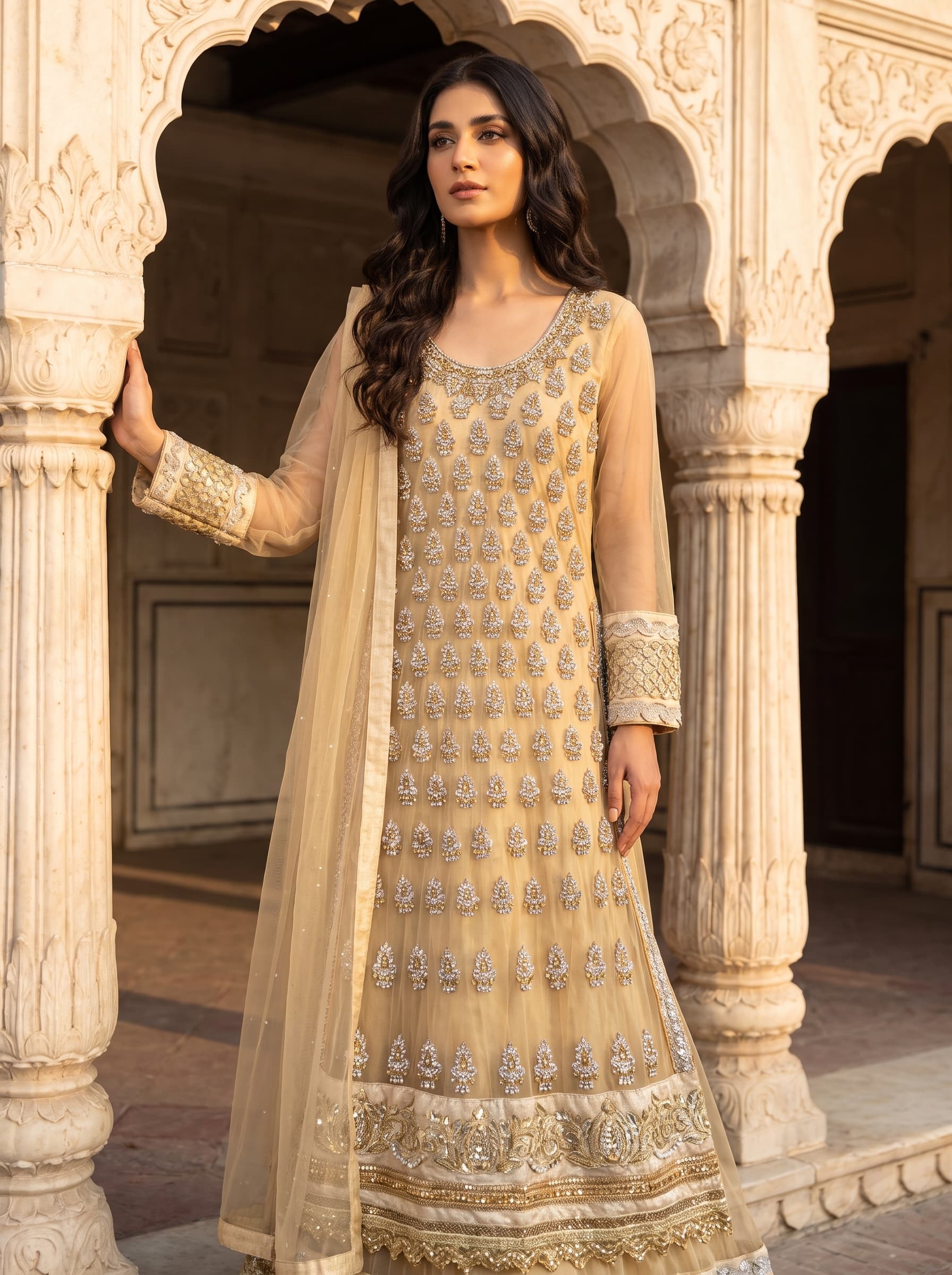 NOOR | Champagne Gold Embellished Net Frock with Dupatta