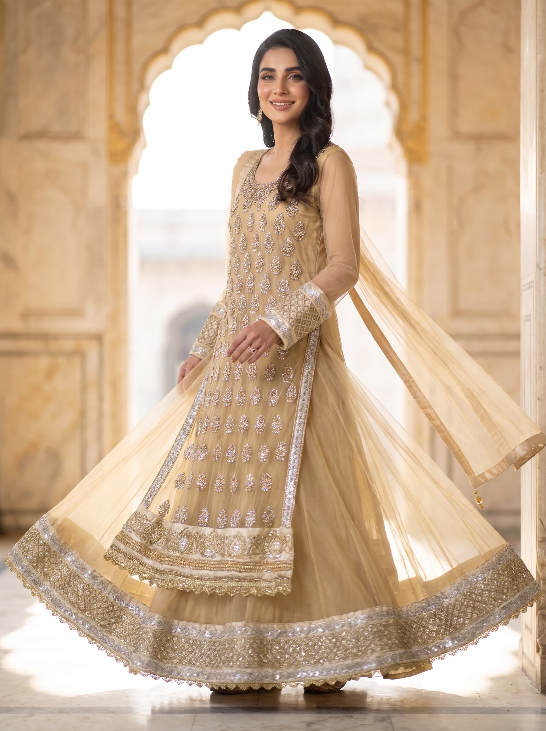 NOOR | Champagne Gold Embellished Net Frock with Dupatta
