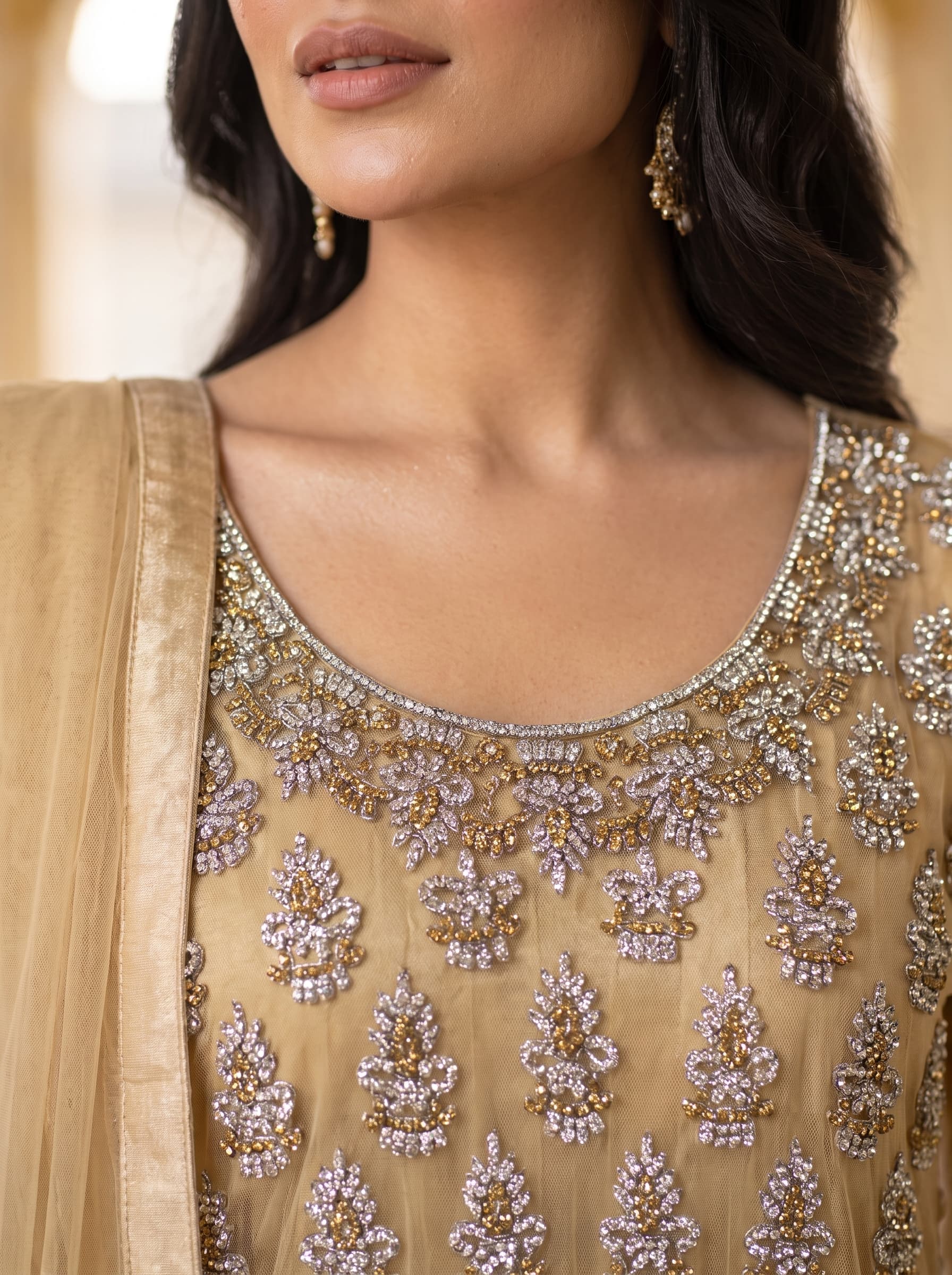 NOOR | Champagne Gold Embellished Net Frock with Dupatta