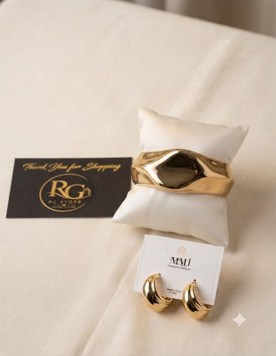 Golden Statement Bracelet & Hoop Earrings Set